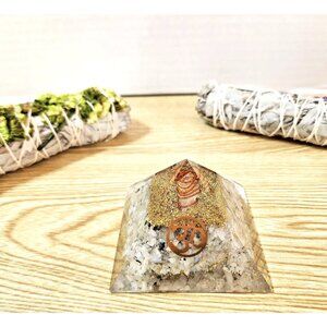 Rainbow Moonstone Orgone Pyramid with Reiki Sign with Clear Quartz Point, 3 inch